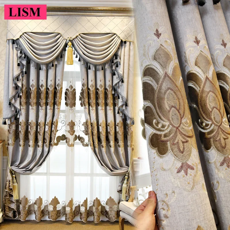 Luxury High-end European Embroidered Curtain for Living Room Bedroom Villa House Window Grey Valance Blackout Decor Custom Tulle