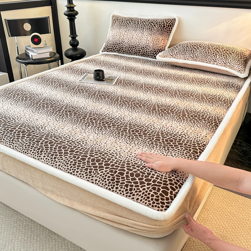 Flannel Fleece Mattress Cover for Winter Thicken Warm Bed Cover Leopard Print Mattress Protector180x200cm cubre colchón 침대 커