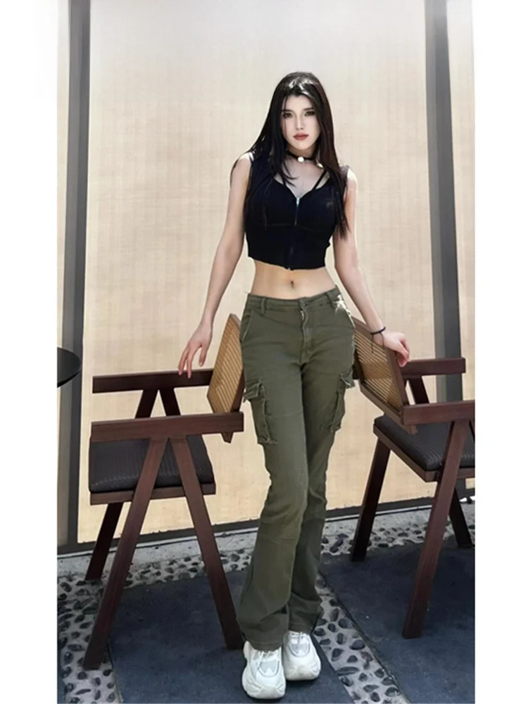 American Vibe Military Green Bell Bottom Jeans Women's Tight Elastic Tall Extended Workwear Floor-Length Pants
