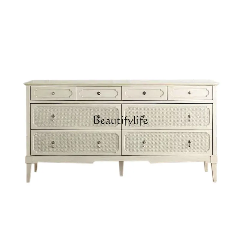 

American modern solid wood bedroom storage drawer cabinet light luxury white living room rattan decorative cabinet