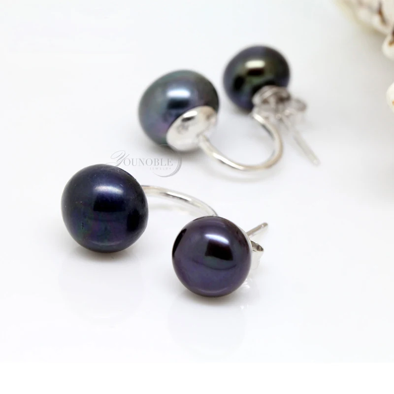 Real Natural Double Pearl Earrings 925 sterling silver jewelry,black freshwater pearl earrings for women girl birthday best gift