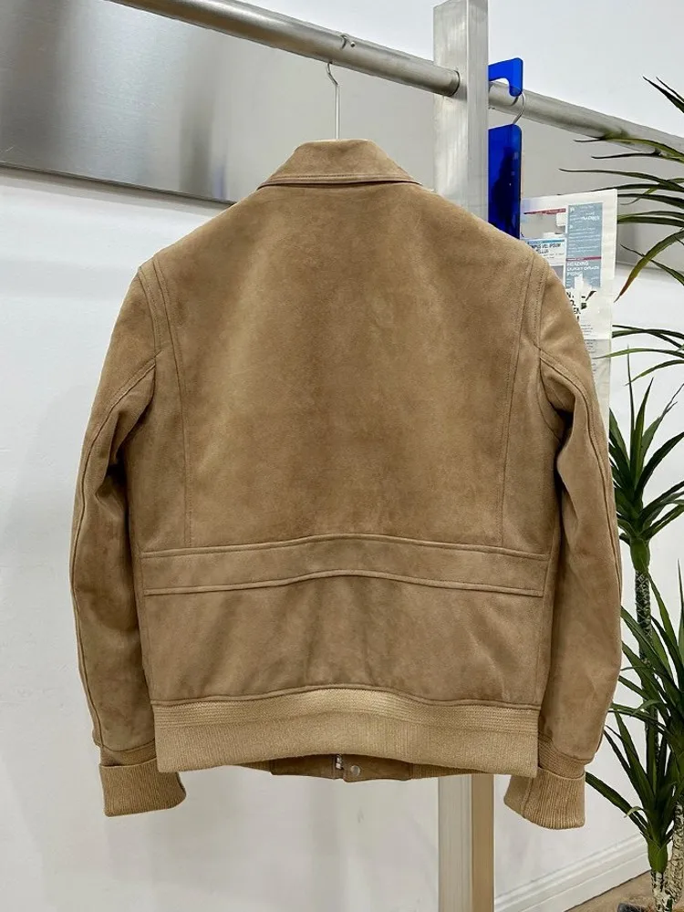 Men Loose Fit Genuine Leather Suede Zipper Jacket Wool Lining Coat Retro Winter Warm Sheepskin Jackets Turndown Collar Outerwear