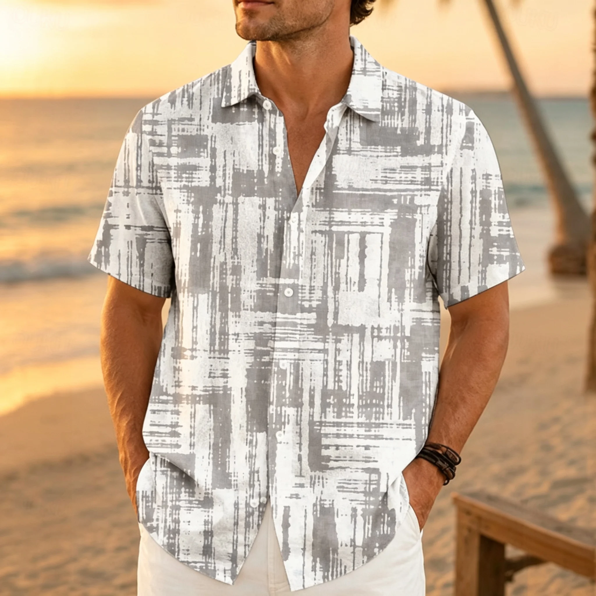 Men's Short-Sleeve Shirt: White Base with Black Vertical Brush-Stroke Stripes, Graffiti-Style Collar-Trendy Casual Vacation To
