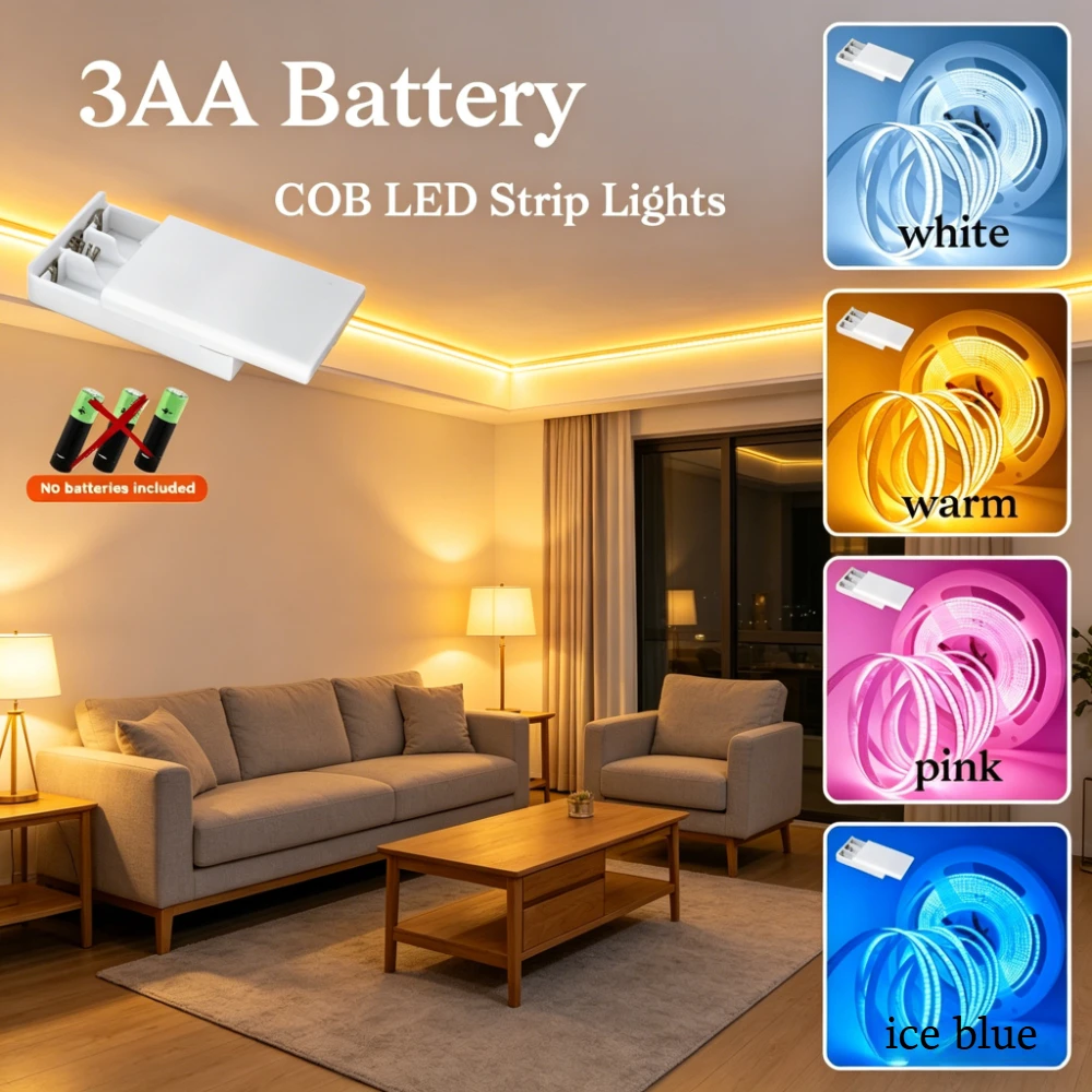 3AA Battery Box 5V COB LED Strip Lights 8MM High Density Flexible Ribbon Tape, Warm White Cool White Pink Ice Blue for Closet