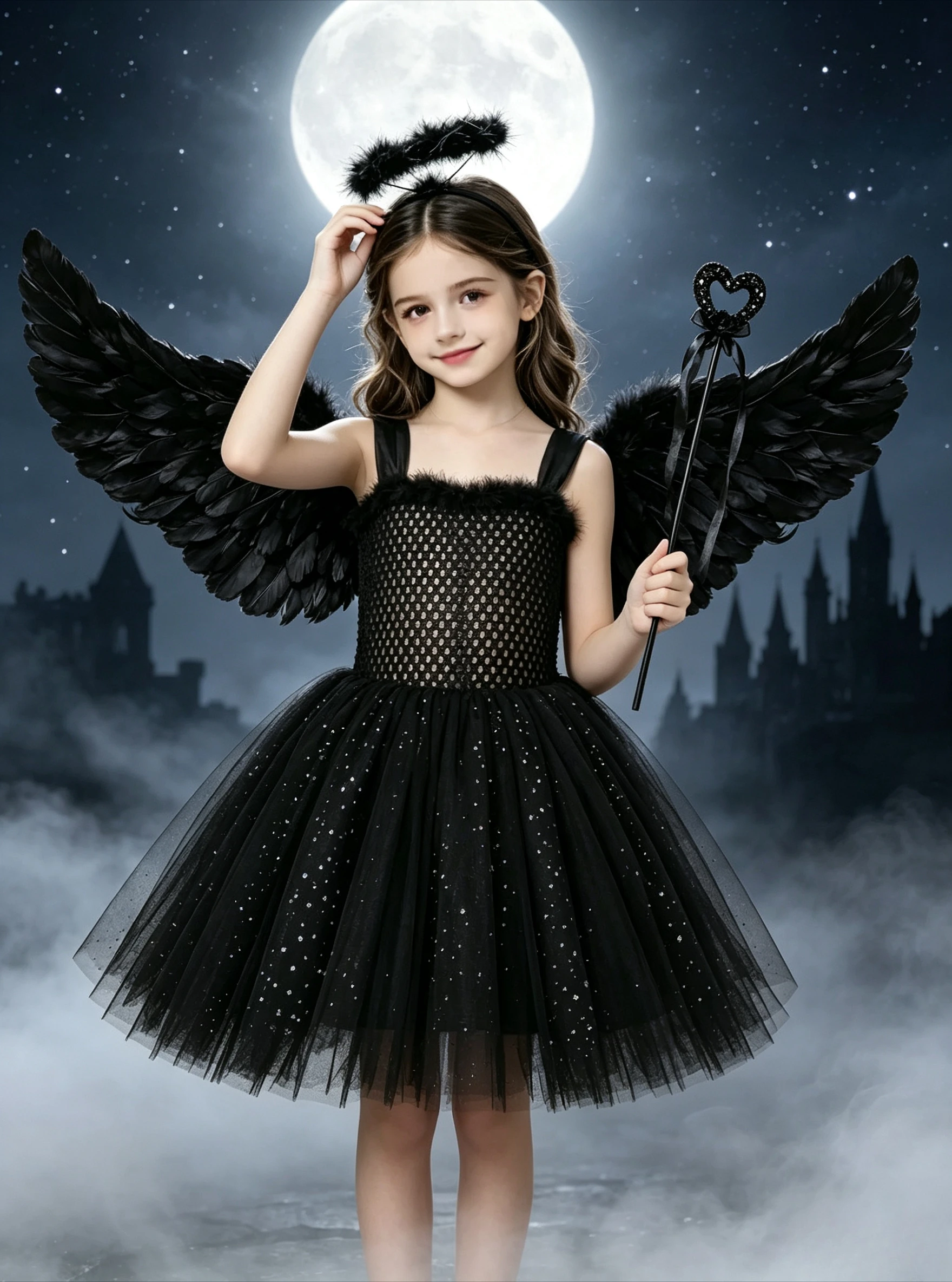 Girl Dark Angel Devil Fairy Elegant Gothic Style Tutu Dress Children Halloween Carnival Party Stage Performance Role Play Outfit