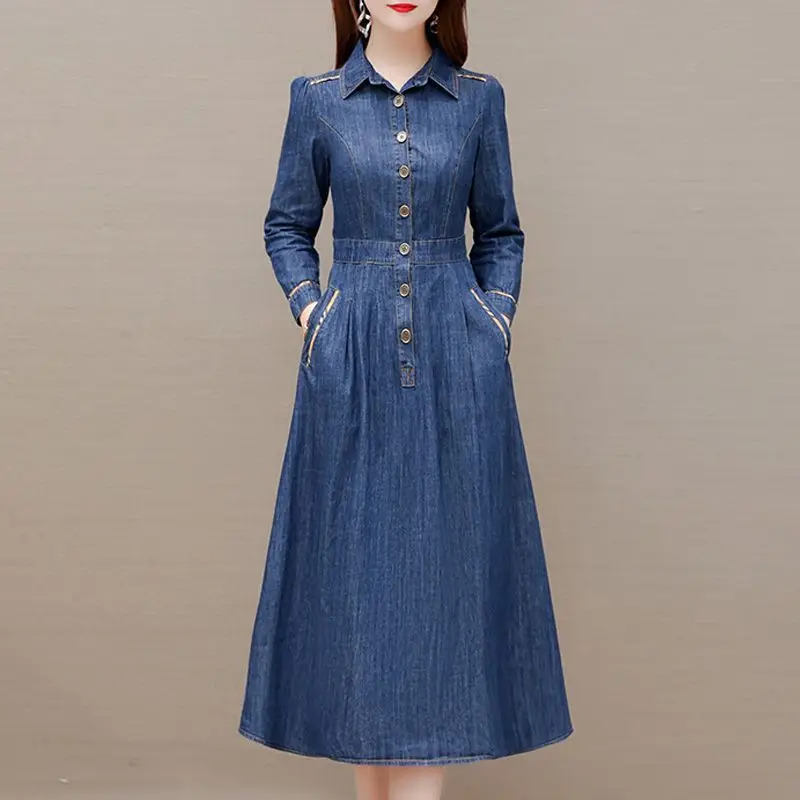 

Long Sleeved Denim Dress For Women Spring Autumn Vintage Single Breased Jean Dress Casual Blue Party Dress Vestidos 4XL