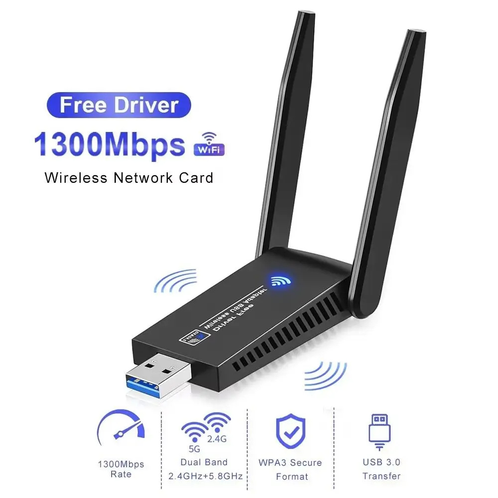 Dual Band WiFi USB Adapter 2 Antenna Design 2.4G/5Ghz 1300Mbps WiFi Dongle Powerful Driver Free Wireless Network Card