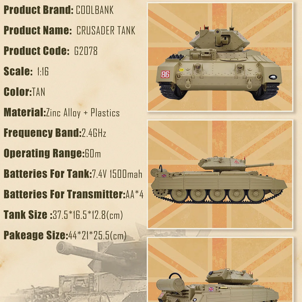 1:16 RC Tank UK Crusader G2078 Tank Model 2.4G Military Vehicle Remote Control Crawler Car Battle Tanks Model Hobby Toys RTR