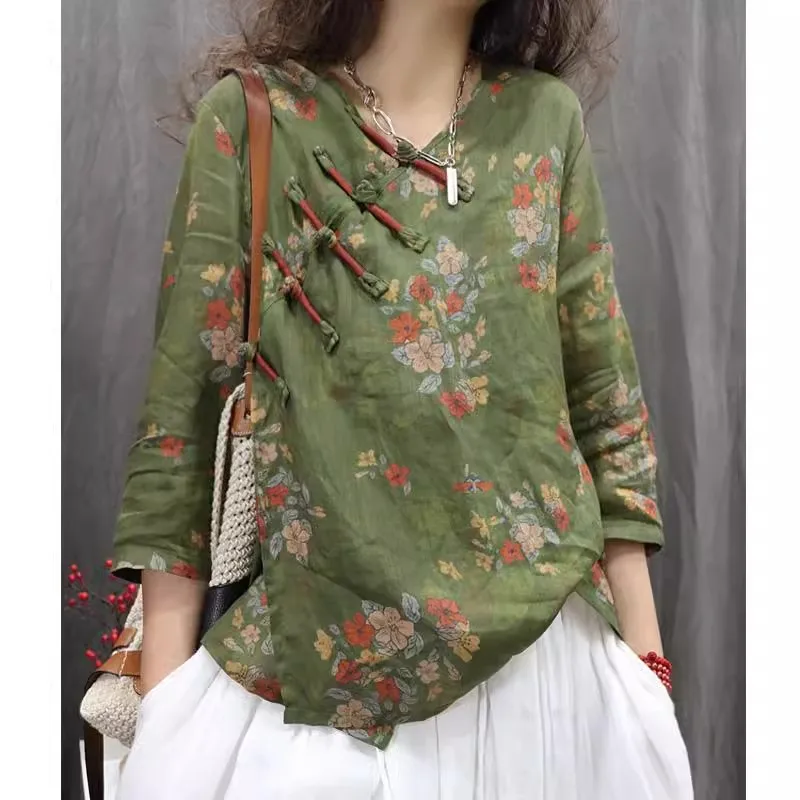 

Hemp Print irt Women's Ethnic Sle Loose Fit Button up Top Svel V-Ne Summer Faion Premium Quali