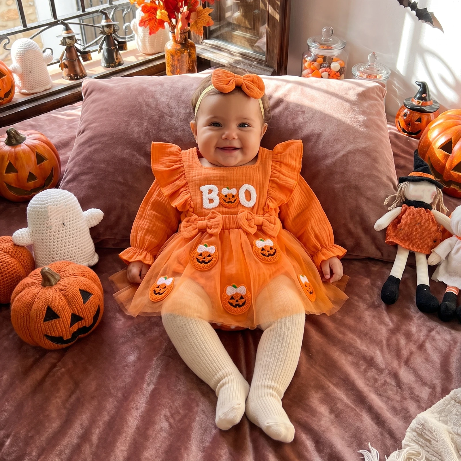 My First Halloween Baby Girl Outfit Baby Pumpkin Romper Headband Ruffle Long Sleeve Square Neck Pumpkin/Ghost Romper Dress