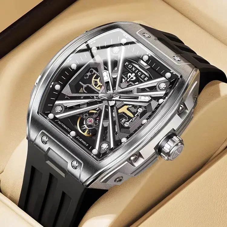 

PONIGER Men Automatic Watch 46mm Tonneau Mechanical Wristwatch Sapphire Luminous 5ATM Waterproof Skeleton Dial