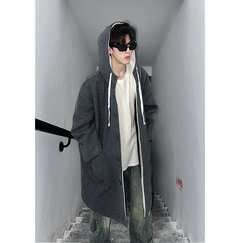 Gray Hooded Woolen Coat Men's Autumn Winter Thickened Long over Knee Korean Style Cleanfit Big Coat Youthful Energy Style