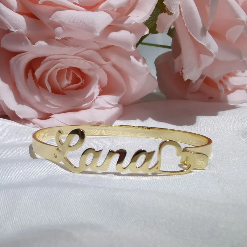 DUOYING Custom Bangle Nameplate Heart Shaped Open Bangle Personalized Cuff Custom Bracelets Jewelry Mom's DayGift