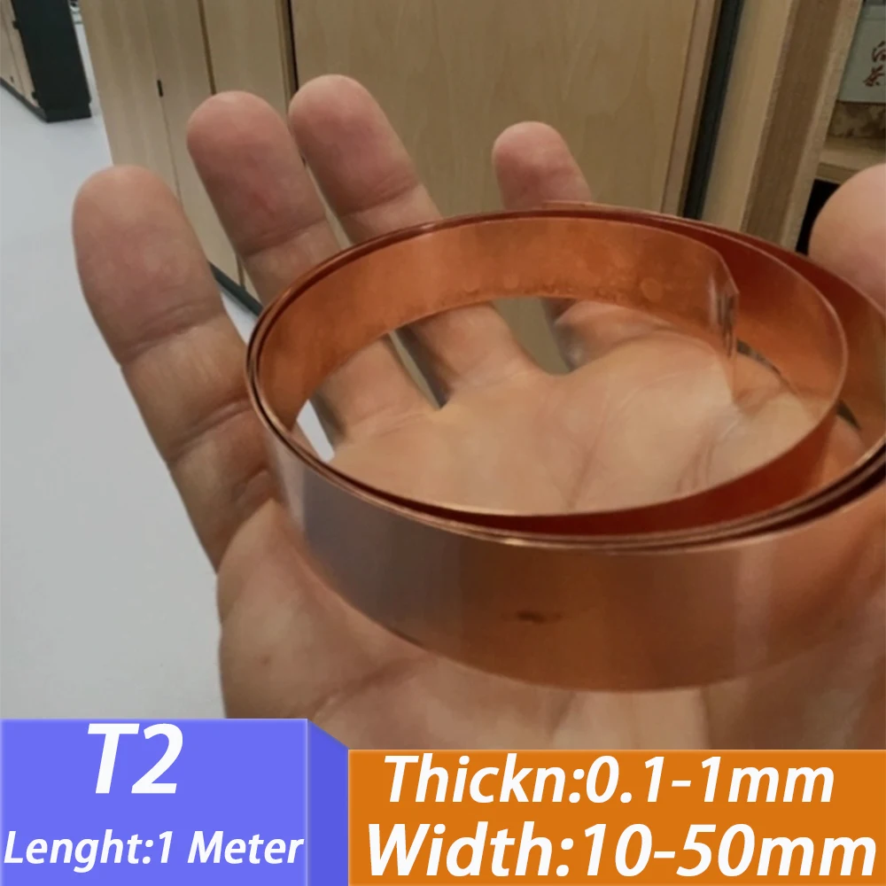 1 Meter T2 Copper Sheet Strip Roll Thickness 0.1/0.2/0.3/0.5/0.8/1mm Red Copper Plate Sheet Narrow Strip Belt Width 10-50mm