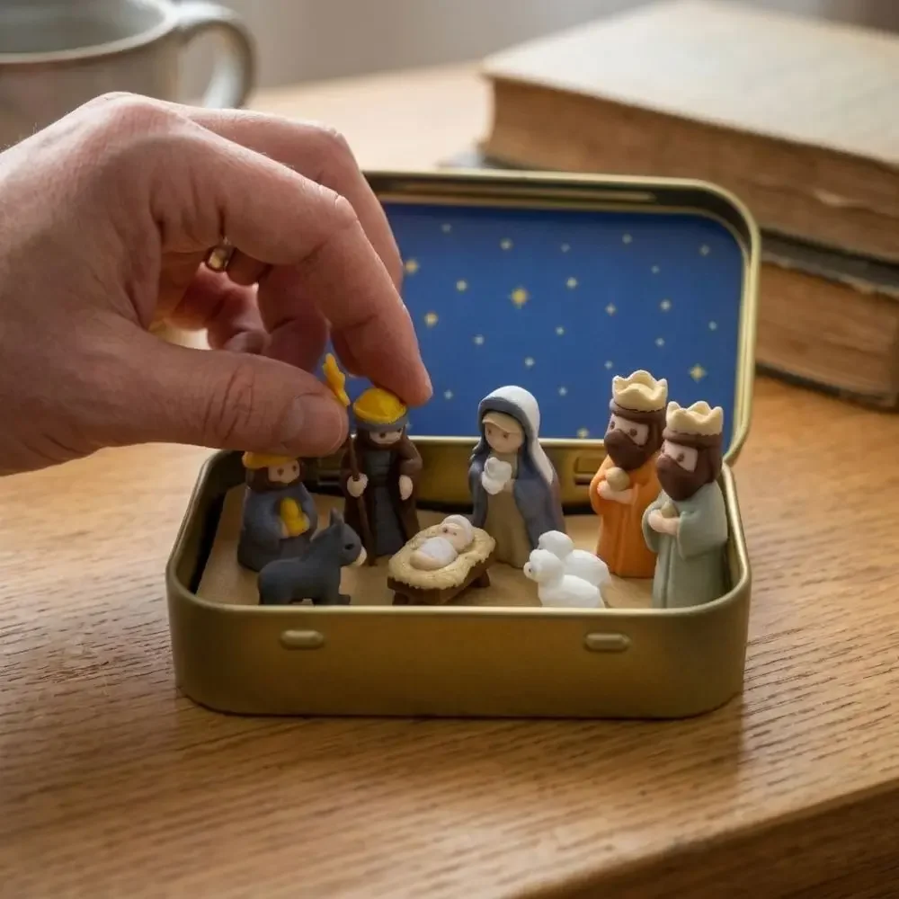 Metal Tin Box Mini Christmas Trough Set Hand Painted Holy Family Nativity Manger Scene Kit Shepherd Animal 3D Printed