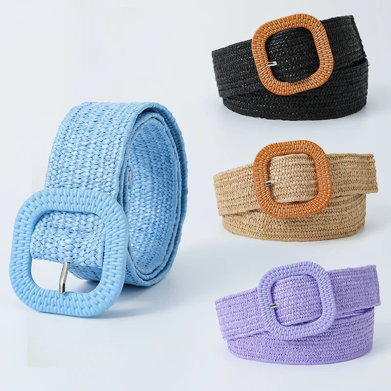 Women Jeans Buckle Belt Four Square 4cm Wide Korean Style Mori Candy Color Grass Woven Elastic All match Dress Yellow Blue 95*4