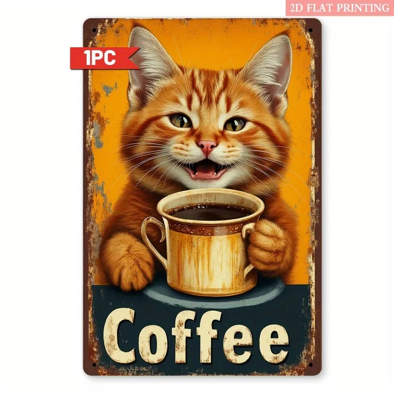 2D Flat - A 2D Flat Piece Featuring a Cute Cat And a Coffee-Themed Metal Decorative Sign, Measuring 8X12 Inches with a Vintage A
