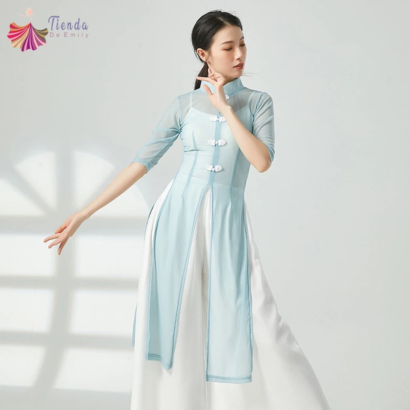 Women Classical Dance Long Cheongsam Top Middle Sleeve Gauze Mesh Hanfu Blouse Chinese Folk Stage Outfits Performance Costumes