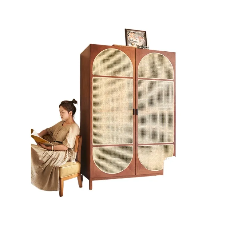 

Nordic retro wardrobe, rattan solid wood homestay small apartment integrated wall cabinet locker