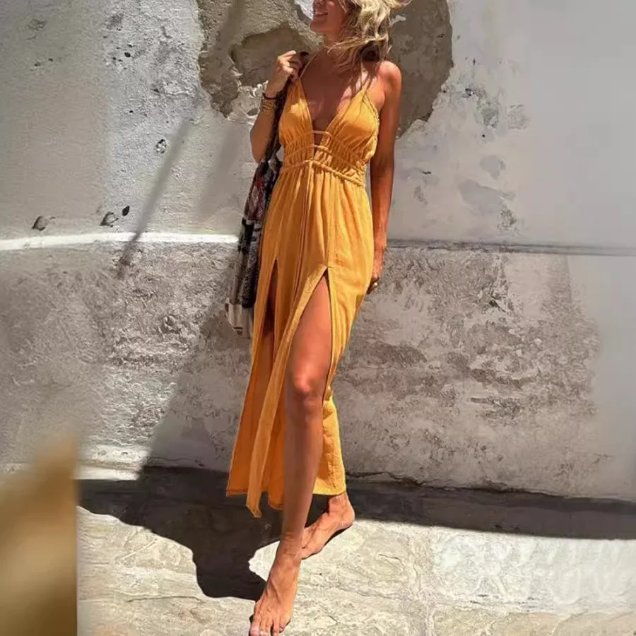 Solid Color Vacation Dress 2024 Summer New Sexy Sleeveless Halter Lace-up Backless Double Split Vestidos Party Beach Robe