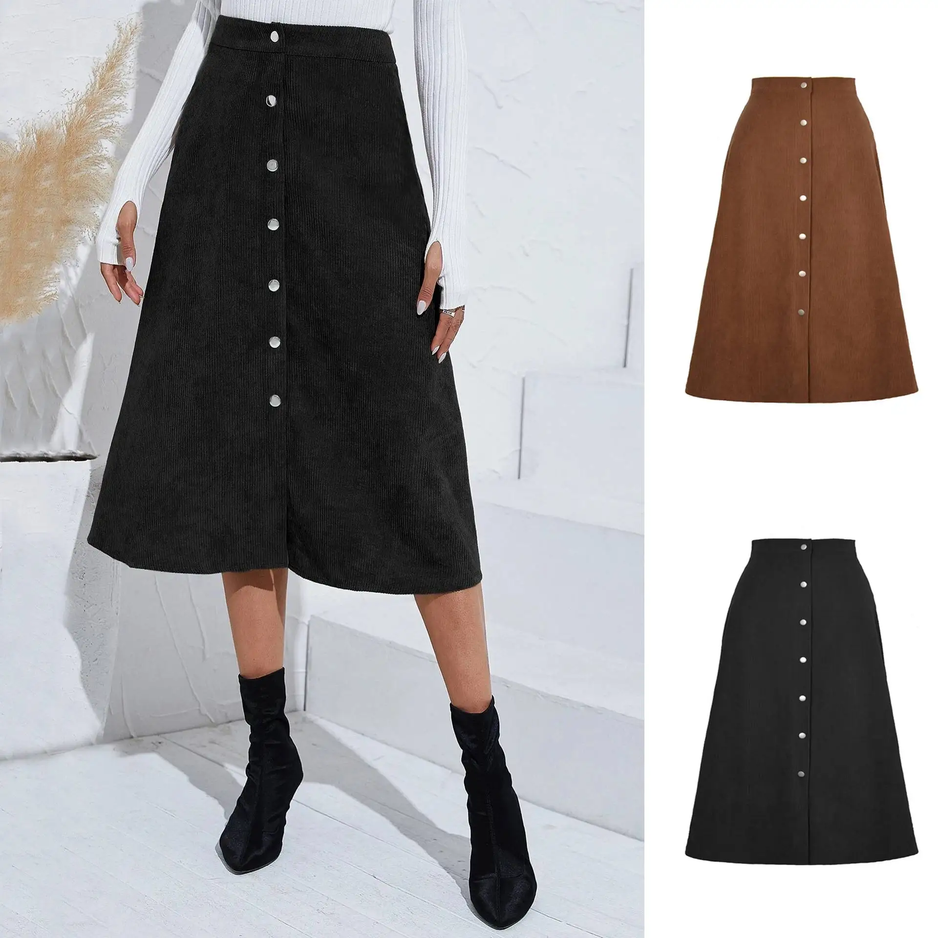 New Women's High Waist Corduroy  Skirt Single Button Autumn Winter Long Skirt Large Hemline Fashionable Ladies Skirts
