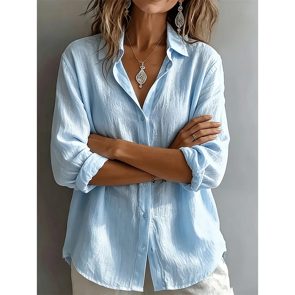 Damen Baumwoll-Leinen-Hemd, Oversize, leicht, atmungsaktiv, einreihig, lässig, mit Umlegekragen, langen Ärmeln, klassische Bluse – Detail 8