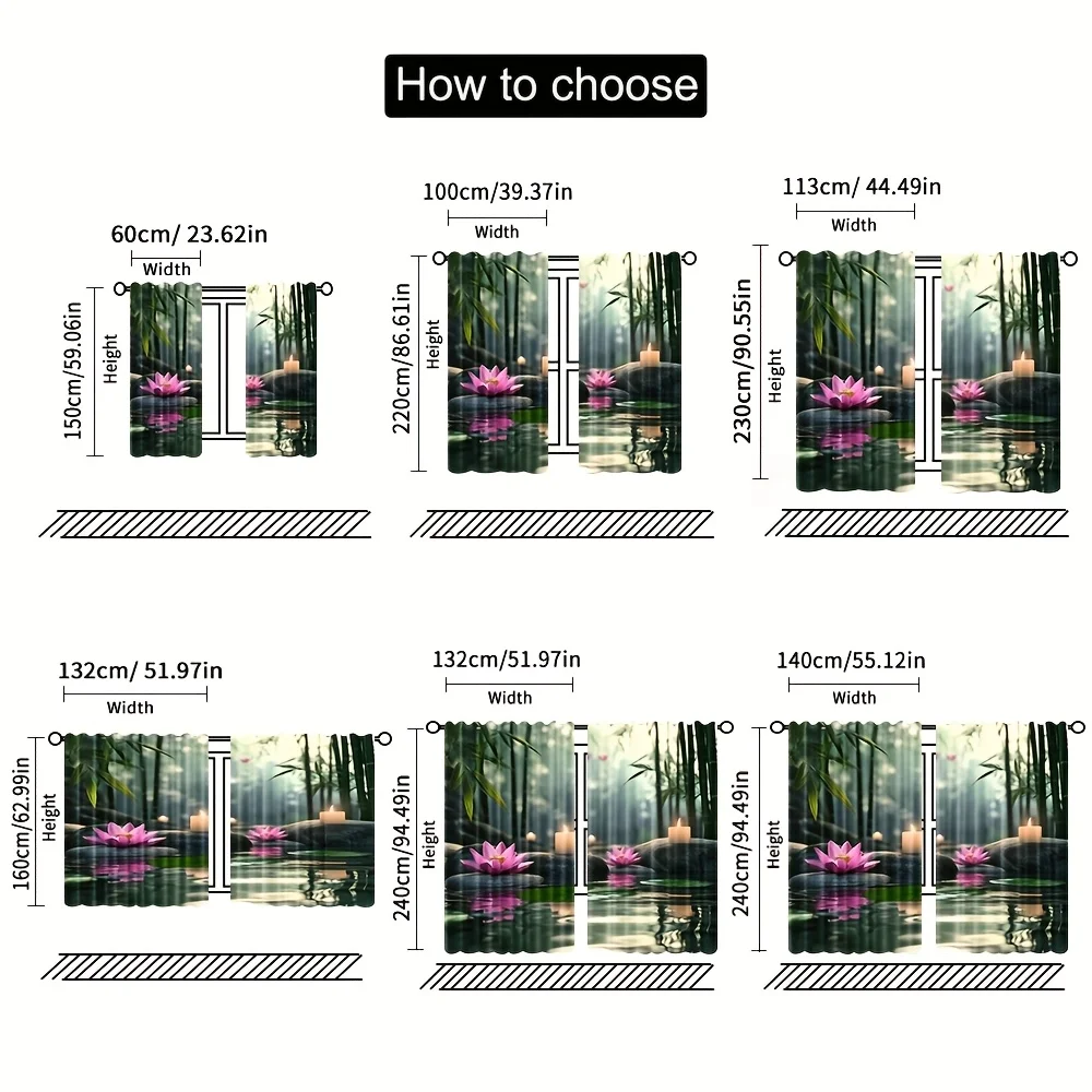 Elegant Polyester Window Curtains Zen Lotus Flower Bamboo Pond Scene Tropical Nature Aesthetic Blinds for Living Room Bedroom Ho