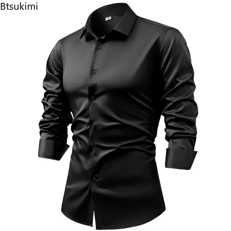 High-end Satin Shirts for Men Fashion Long Sleeved Solid Dress Shirts Men's Business Social Non-ironing Wrinkle-resistant Shirts