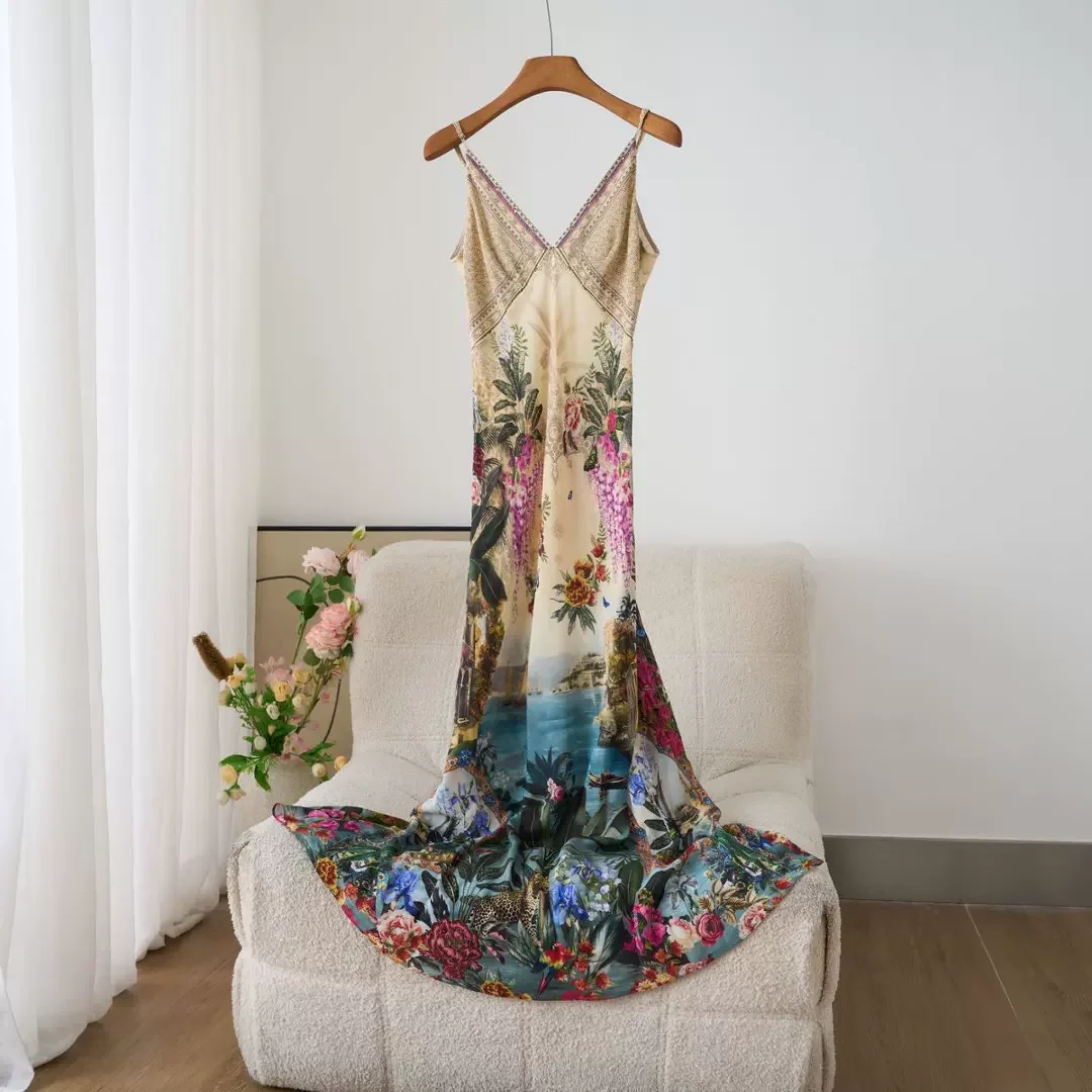 Women's Floral Print Retro Set  V-Neck Sleeveless Silk Sling Dress + Crystal Beaded Lantern Sleeve Loose Cloak Coat Fashion Suit