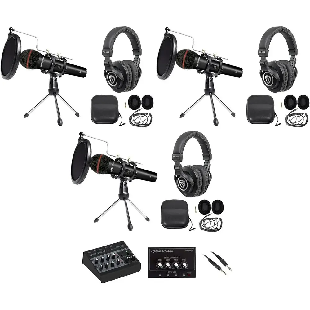 

3-Person Podcast Kit: LINE8 8-Channel USB Mixer, 3x PRO-M50 Headsets, 3x RMIC-SR Mics, Stands, RA4 Amp, Cables (12-Piece)