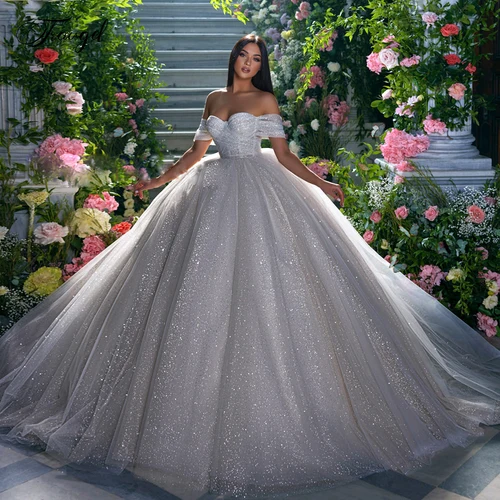 Vestido De baile personalizado con purpurina, vestidos De Novia con escote corazón y hombros descubiertos, Vestido De Novia bordado De encaje, bata De Mariee