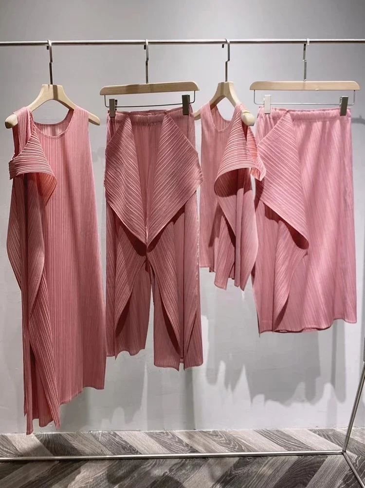 

YUDX Pleats 2022 Summer Autumn Limited Pink Irregular Suits Designer Aesthetic Clothes Wide Leg Pants Two Piece Dress Sets