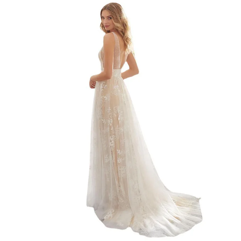 Sukienka wiosenna, seksowna, z dekoltem w serek, koronkowa, ślubna, długa, księżniczka, z zamkiem błyskawicznym, dla dorosłych, na ceremonię.