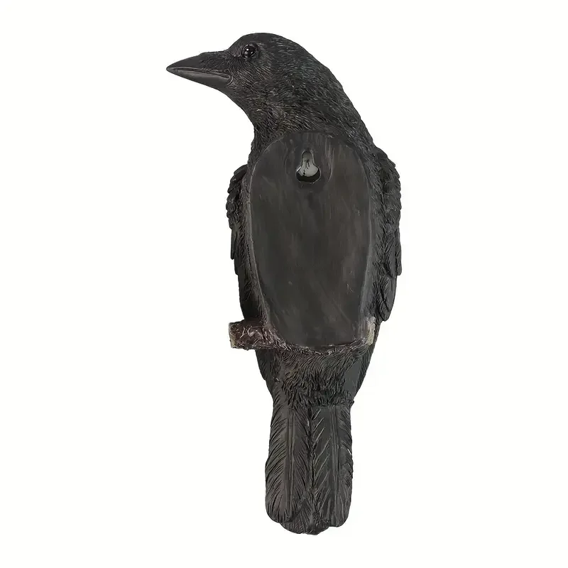 Black Resin Biomimetic Animal Crow Decorative Piece with Tree Bark Texture Base for Outdoor Tree Trunk Natural Landscape Display