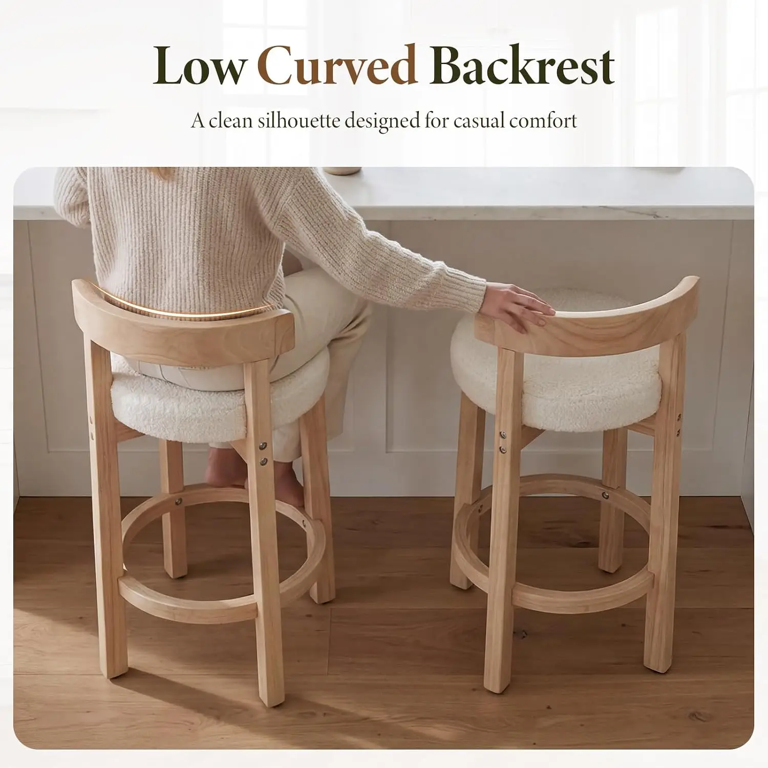 Mid-Century Bar Stools 4pc, 26.5in Sherpa Counter Height Stools with Wooden Legs for Kitchen Island Dining, Customized - view 4
