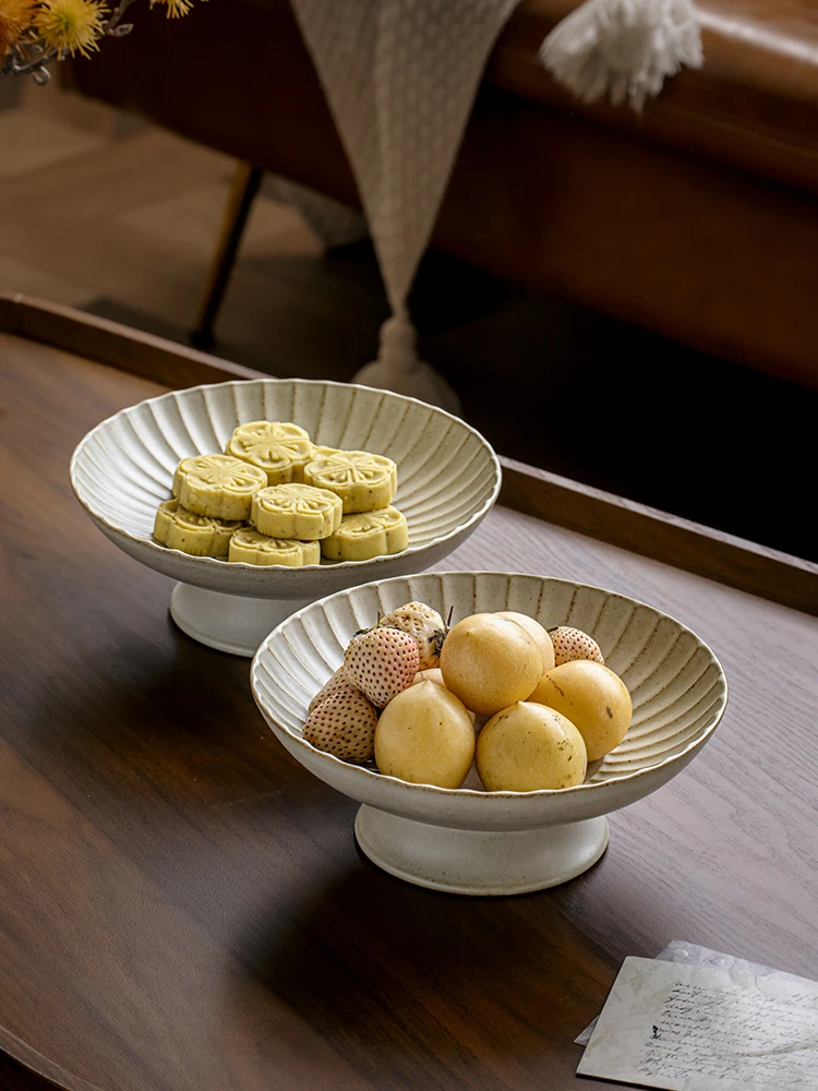 Handmade Distressed Stoneware Footed Fruit Snack Plate Wabi Sabi Style Dessert Tray - view 3