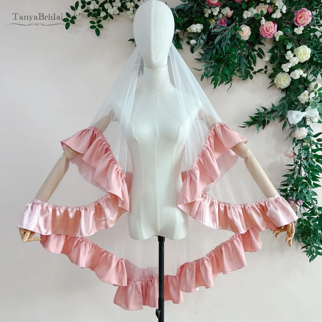 

Baby Pink Ribbon Short Tulle Wedding Veil With Comb,Bohemian Unique Bridal Veils