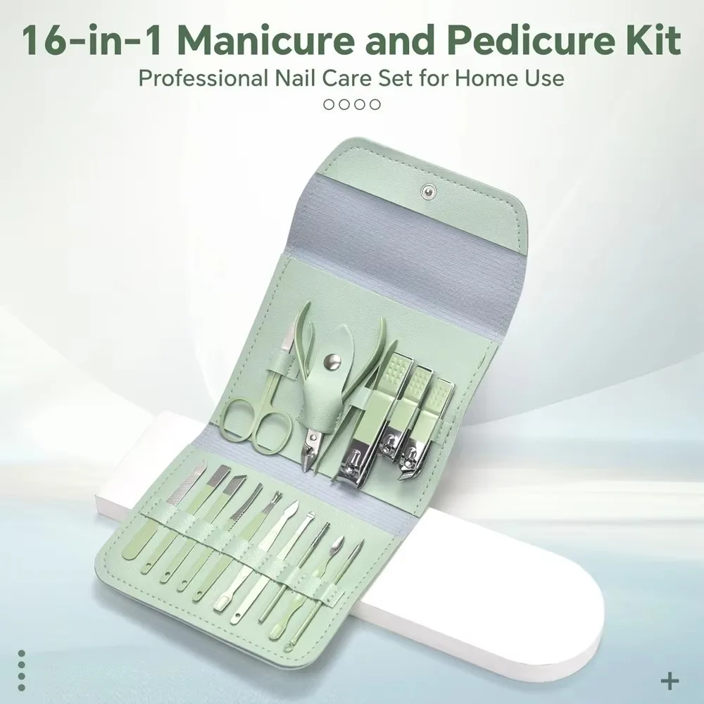 Set di tagliaunghie professionali in acciaio inossidabile da 16 pezzi con custodia da viaggio Set di pedicure con borsa in PU Borsa pieghevole verde matcha viola