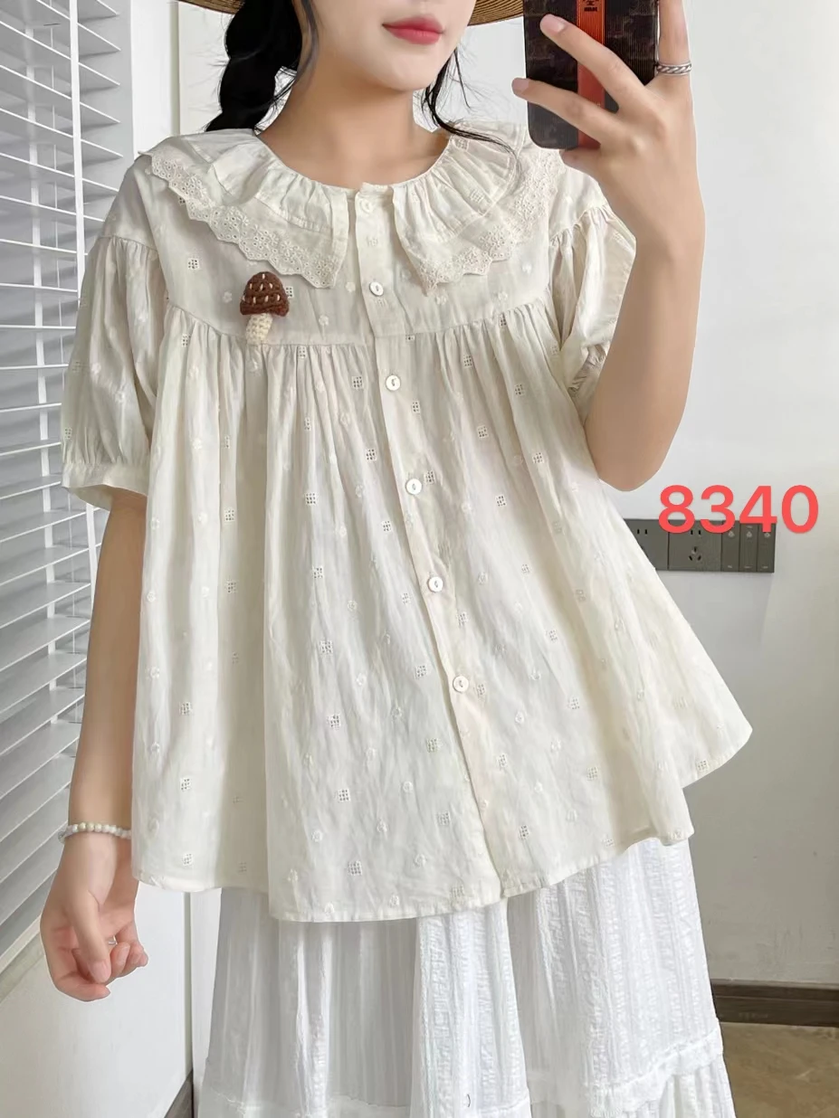New 2025 Summer Cotton Short Sleeve Shirt, Women Peter Pan Collar Embroidery, Mori Girl Japan Style Sweet Loose Blouse T55553CC