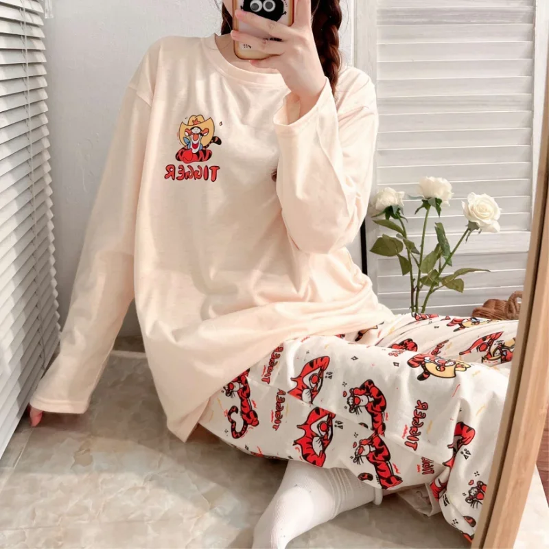 Disney Tigger Silk Pajamas Women's Autumn Cotton Long Two-piece Casual Cartoon Women's Pajamas Homewear Pajamas Pants Set