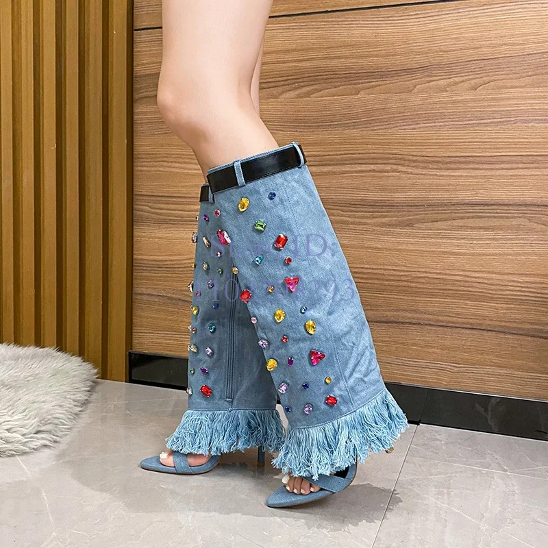 

Denim Crystal Pointed Boots Open Toe Sewing Belt Straps Stiletto Sandals Women Side Zipper Fashion Shoes 2024 Thin High Heel