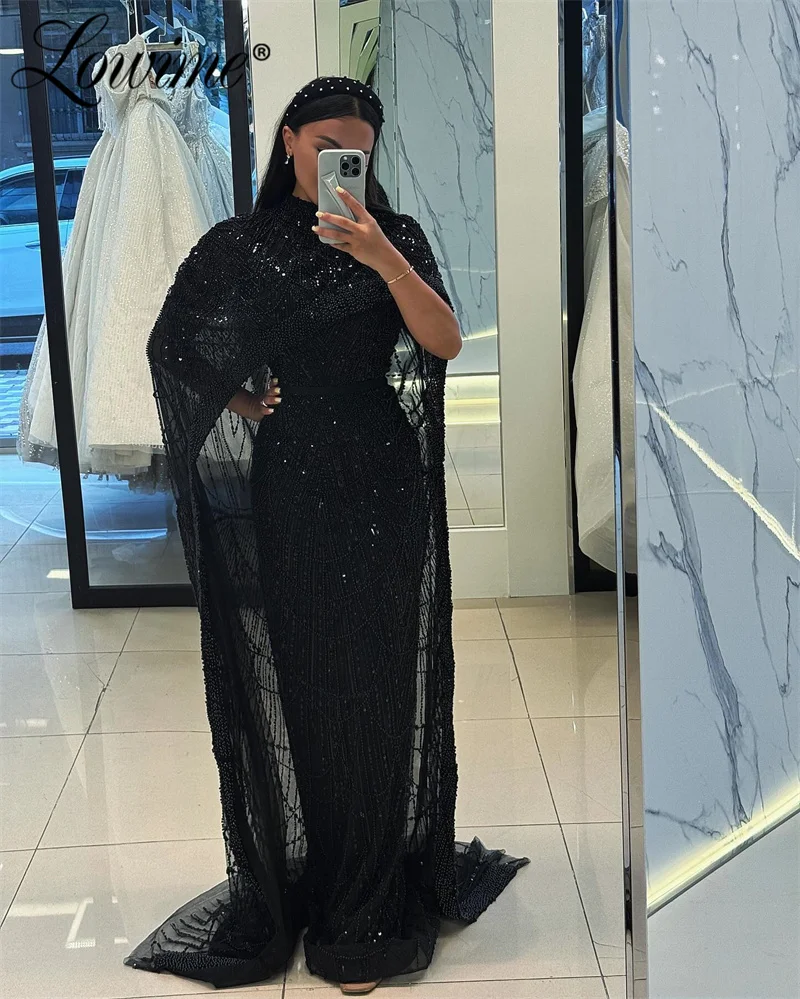 2024 Black Cape Sleeve Beaded Evening Dresses Dubai Arabic Party Dress Elegant Women Prom Dresses Bespoke Occasion Dresses Robes