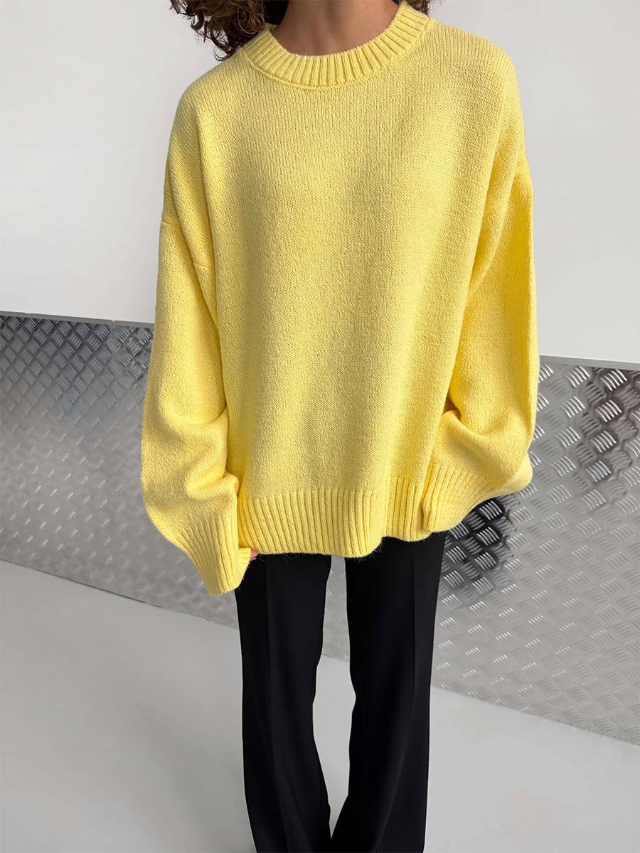 

Wolfeel Minimalist Oversized Yellow Knit PulloverCrew Neck Drop Shoulder SweaterCasual Cozy Streetwear for Women