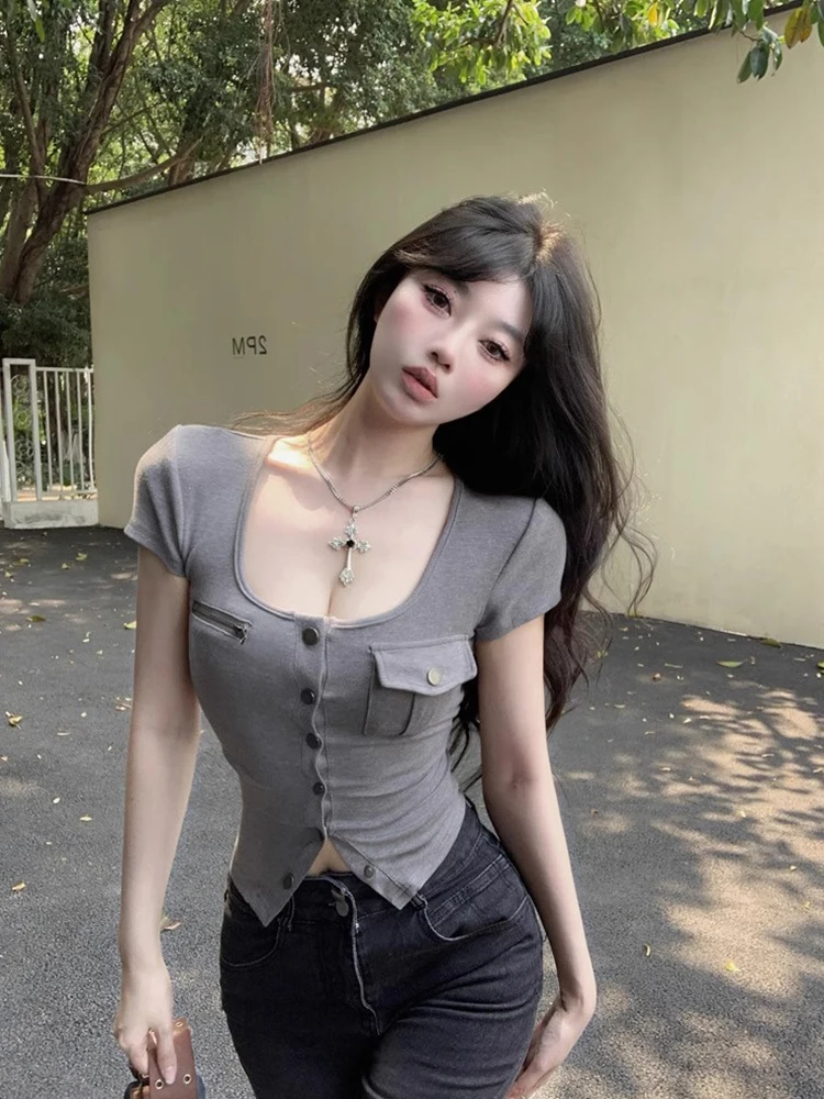 Slim Fit Zipper U-Neck Short Sleeve T-Shirt Women's Summer Fashionable Versatile Top Button Detail Cool Feeling  Color