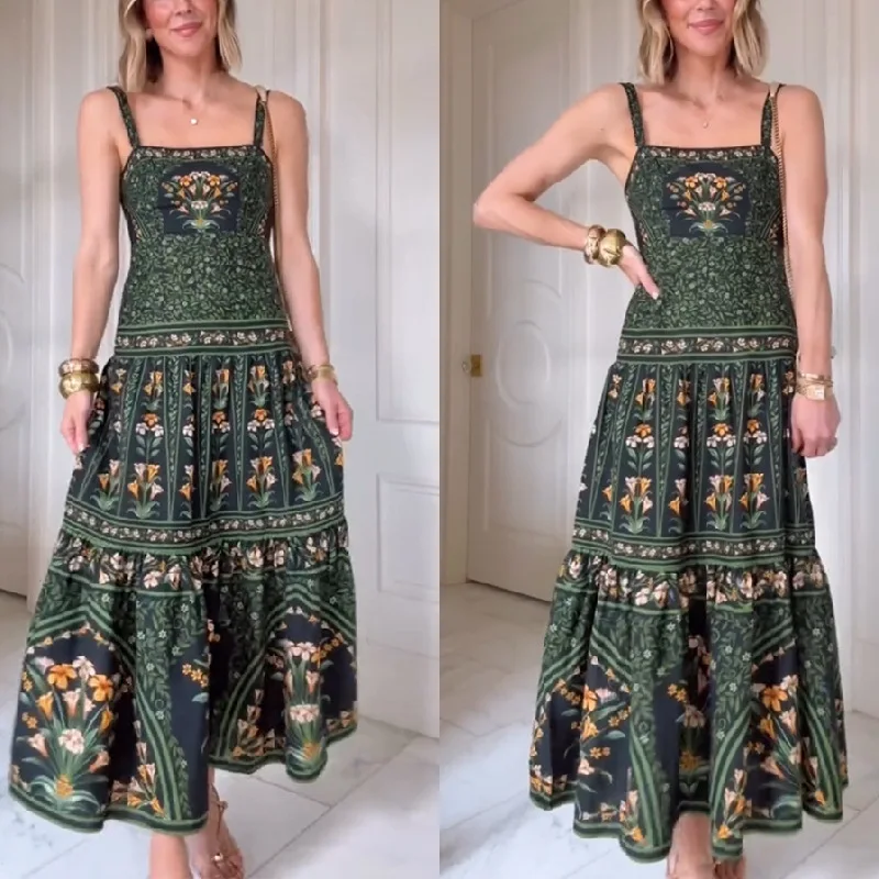 

2025 Summer Sexy Dress Vintage Pattern Print A-Line Pleated Dress Square Collar Straps Long Dresses Sexy Backless Zip Boho Dress