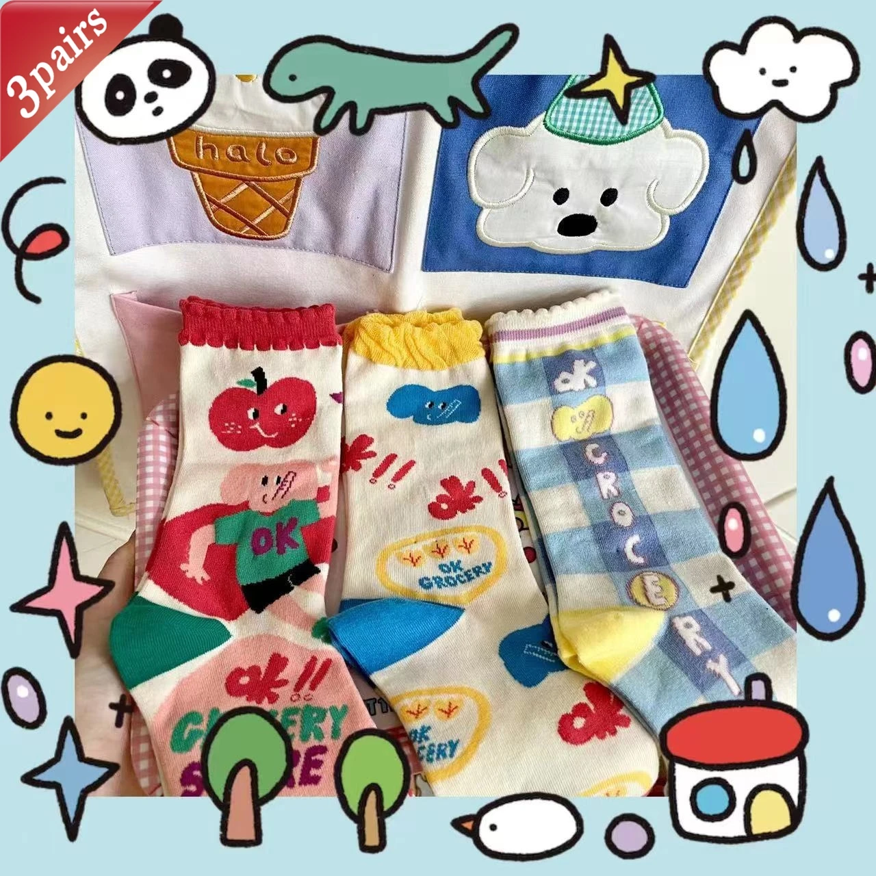 

Комплект из 3 пар женских носков с мультяшным узором Kawaii, японские носки средней длины для девочек, мягкие дышащие хлопковые носки в консервативном стиле JK