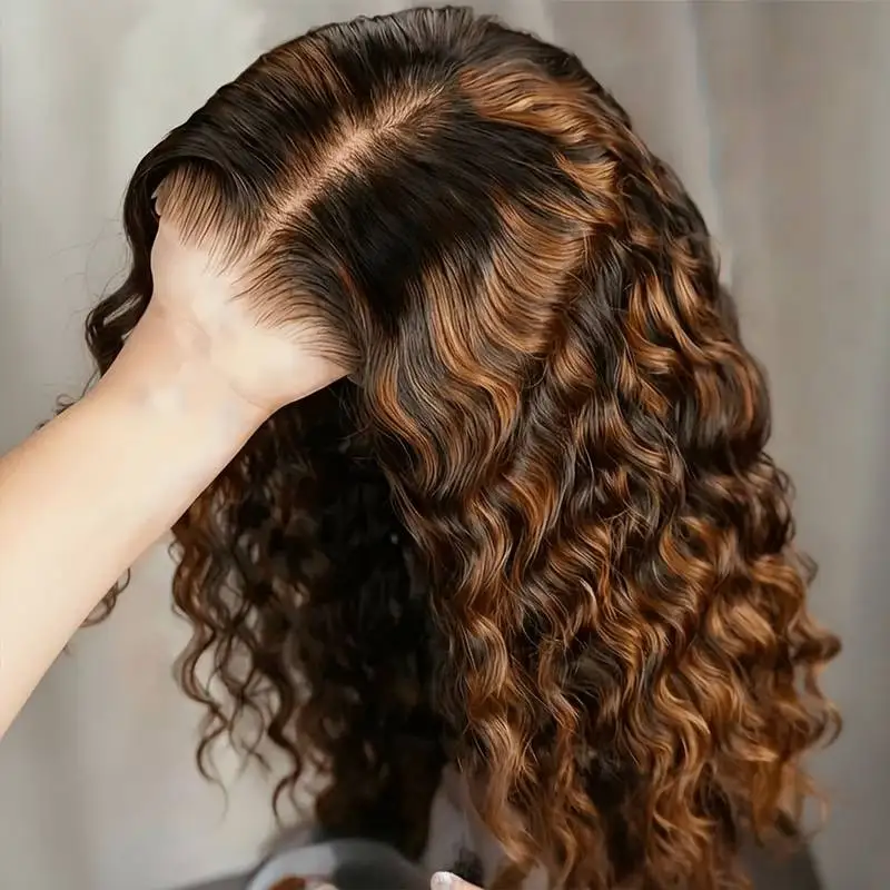 34 36 Inch 1B/30 highlight Wigs 13x6 Deep Wave Lace Front Wig Human Hair Ombre Brown With Black Colored Curly Human Hair Wig 220%