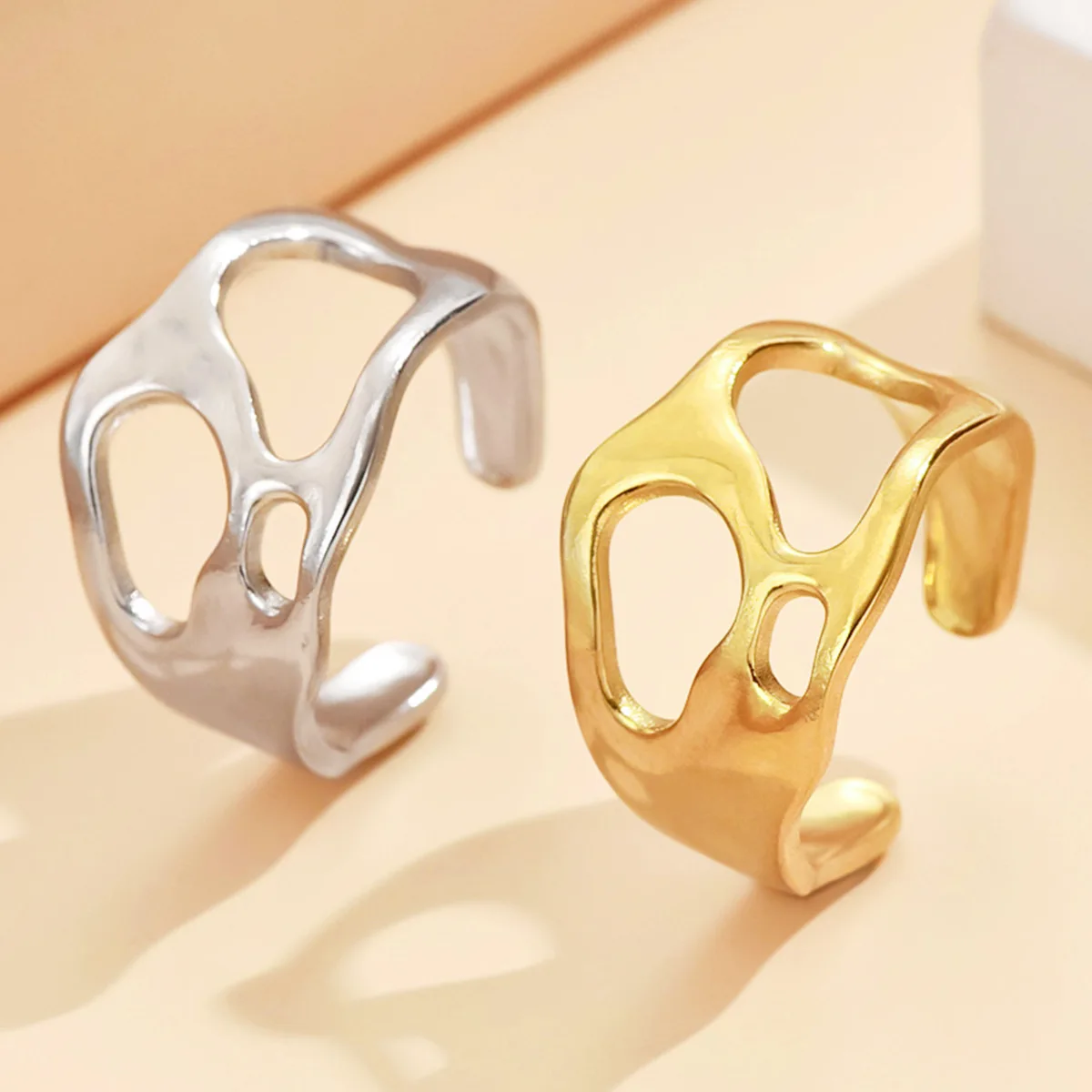 Elegant Irregular Cutout Open Ring Stainless Steel Adjustable Ring Abstract Geometric Jewelry Women's Daily Party Gift