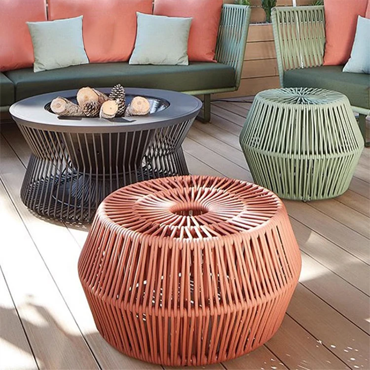 Nordic Garden Chairs Aluminium Colorful Patio Stool Outdoor Furniture Set Small Round Pouffe Chair Waterproof Weave Rope Stool