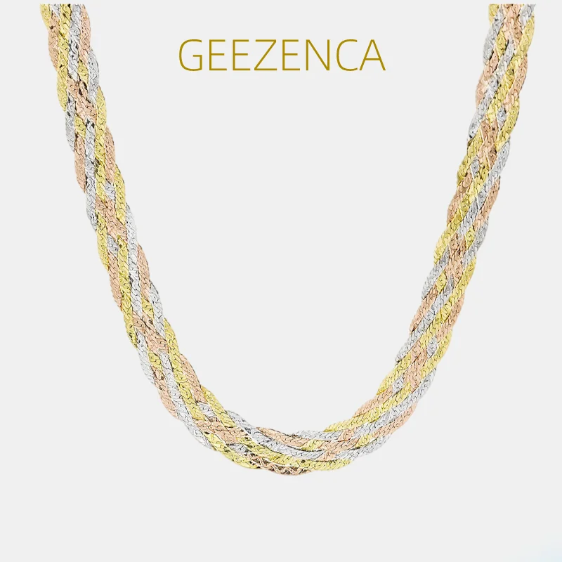 

GEEZENCA Sterling Silver 3 Toned Braided Flat Necklace For Women Sparkling S925 Six Threads Tricolor Woven Necklace Luxury Gift